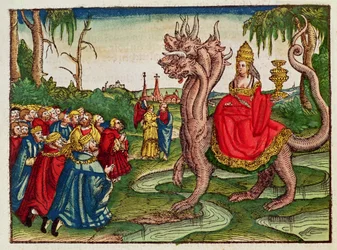 A babiloni kurva, a Luther Bibliából, 1530 körül (színes fametszet)